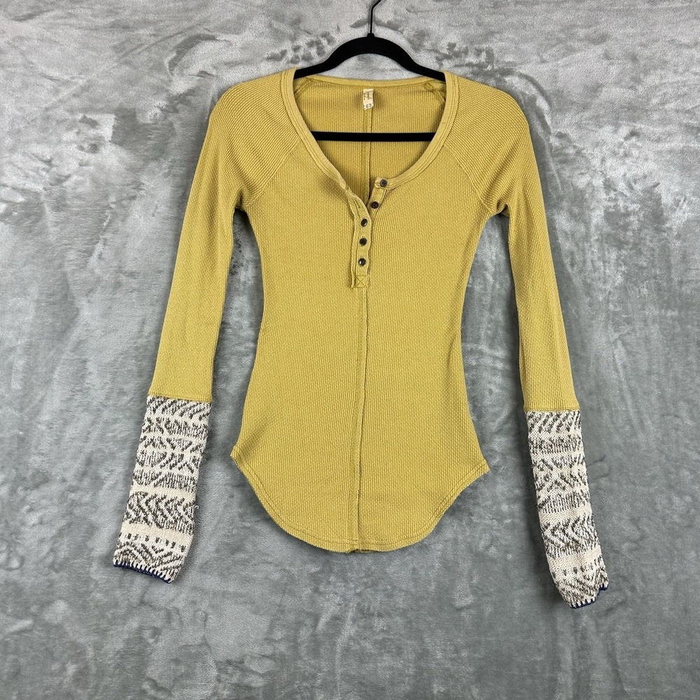Free People Ski Lodge Henley Top Women's XS Yellow Thermal Crochet Cuffs